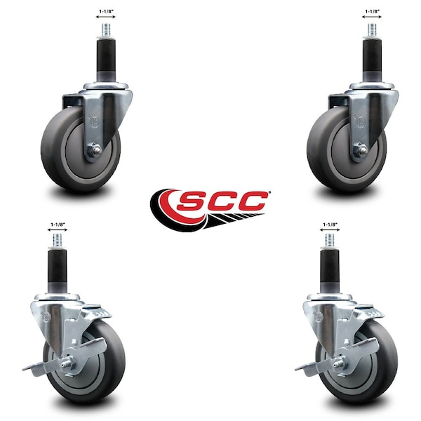 4'' Thermoplastic Rubber Wheel Swivel 1-1/8'' Expanding Stem Caster Set 2 Brakes, 4PK